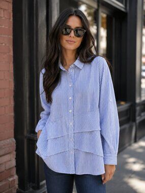 Finley Blouse Womens M Blue Striped Ruffle Tiered Button Up Shirt Preppy Ladies